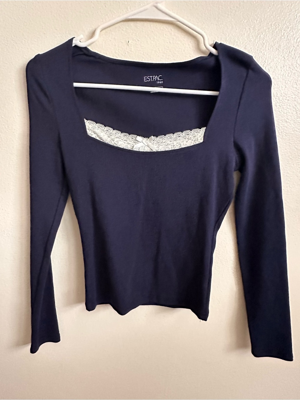 EST. PAC Navy Long-Sleeve Scoop Neck Top with Lace Trim